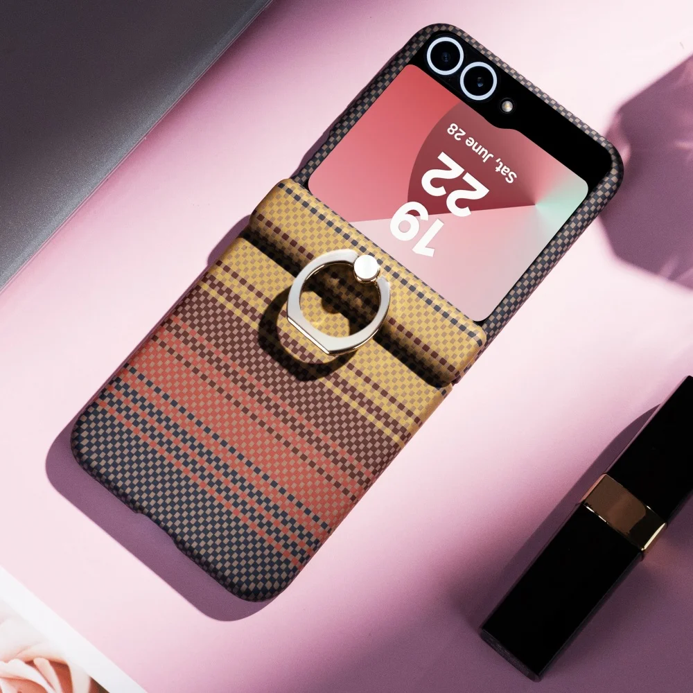 Enhanced Hinge Protection Screen Film Case with Ring Holder and Carbon Fiber Pattern