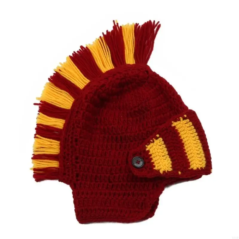 Unisex Lustiger römischer Ritterhelm Strickmütze Kontrastfarbe Häkelmütze Ohrenklappenkappe mit Gesichtsmaske Cosplay Kostüm – Detail 10