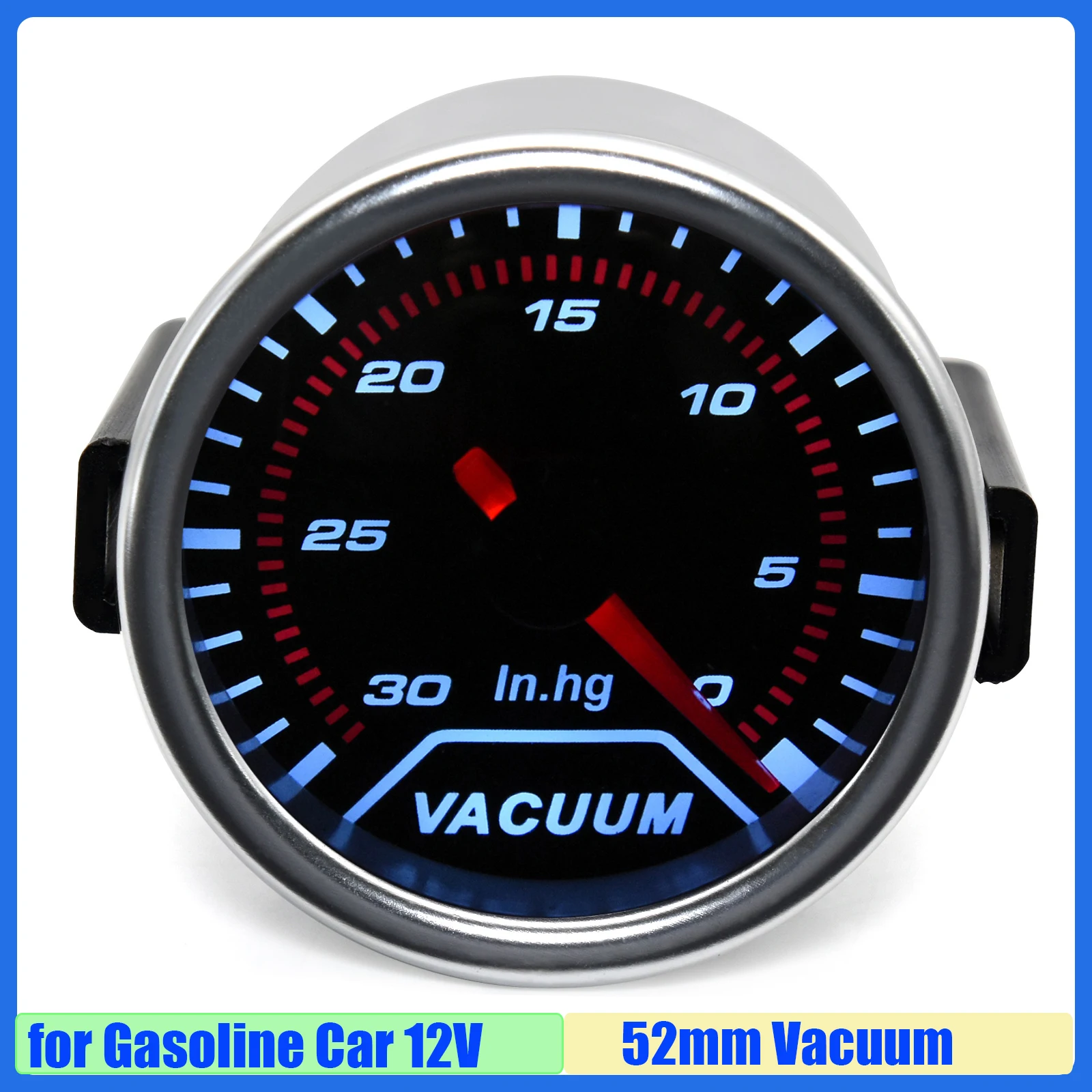 2" 52mm Automobile Car Vacuum Gauge 0-30 In.Hg Universal Smoke Lens Face Vacuum Meter Gauge for Gasoline Car 12V