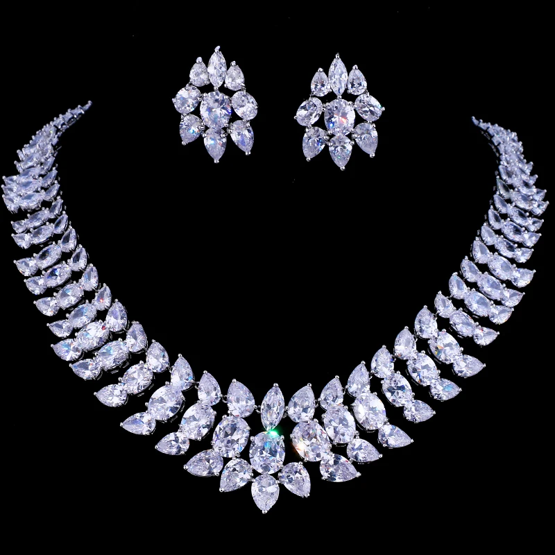 Jmk Luxury Dubai Bridal Jewellery 3 Layers Aaa Zircon White Gold Earrrings Necklace Sets Wedding
