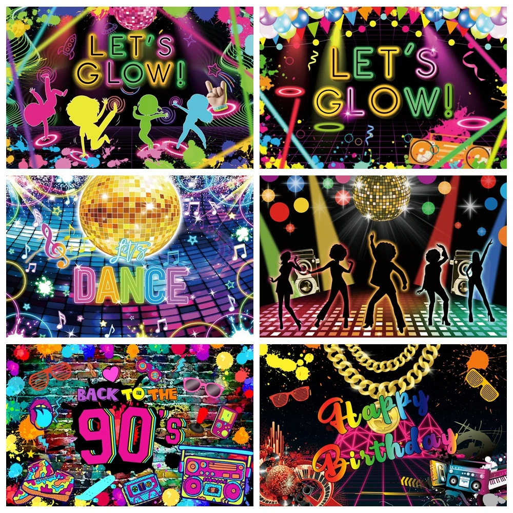 

80's 90's Hip Hop Disco Backdrop for Photography Retro Neon Lights Let's Glow Adult Baby Birthday Party Background Photo Studio