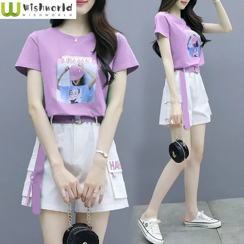 Korean Style Personalized Printing Short-sleeved T-shirt Work Shorts Two-piece Elegant Women's Pants Set Summer Outfits