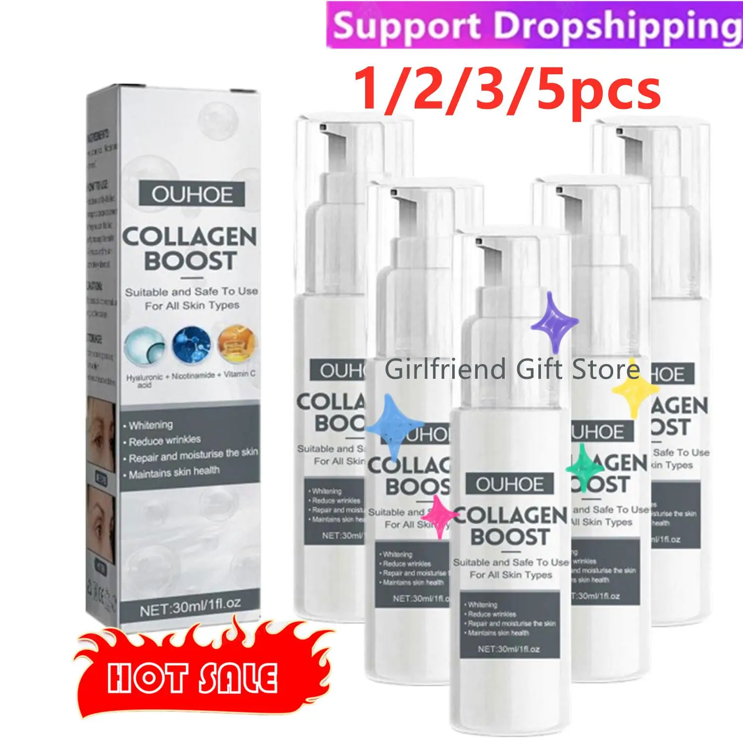 1/2/3/5pcs Collagen Boost Serum Anti-Aging Dark Spot Corrector Wrinkle Cream Face Skin Care For Women And Men 30ml