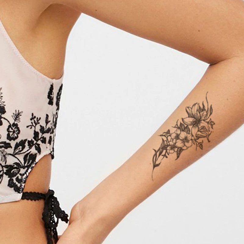 

Waterproof Temporary Tattoo Sticker Black Sketch Flowers leaves Fake Tattoos Flash Tatoo Arm Chest Neck Body Art for Women Men