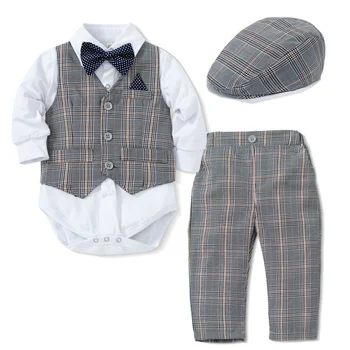 Gentleman Infant Costume Plaid Vest Hat Suit Baby Boy 1st Birthday Set Long Sleeve Romper Autumn Outfit Newborn 3-24M Clothes 1