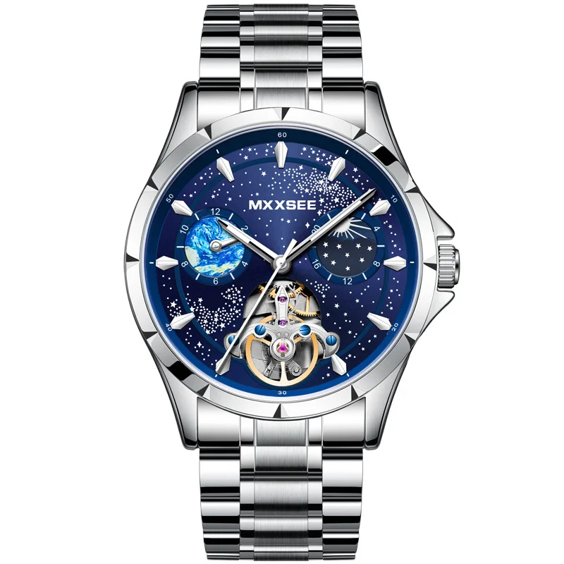 MASTOP Automatic Mechanical Watch - Moon Star Design With Leather Strap, 42mm Waterproof Wristwatch