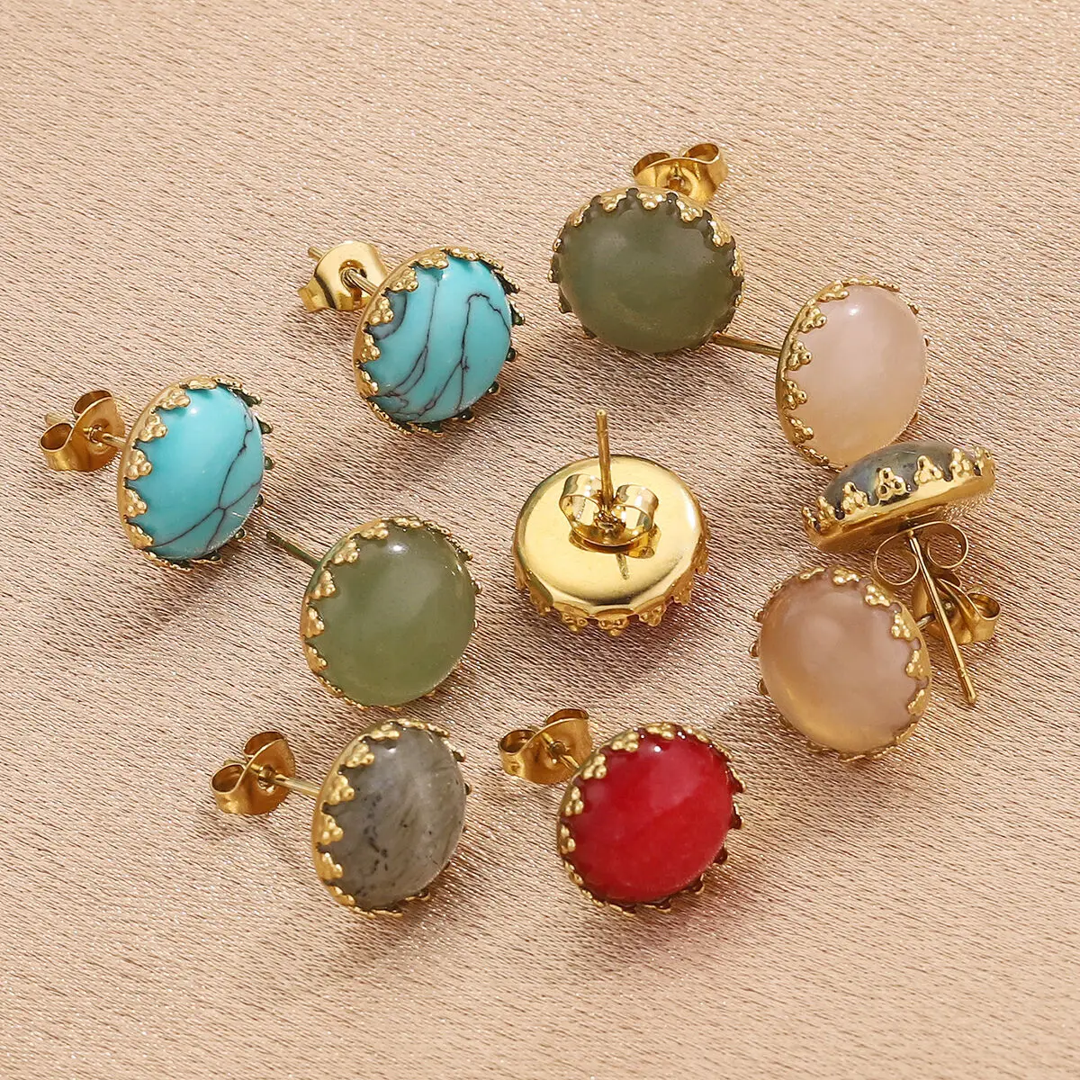 Stylish 18K Gold Plated Stainless Steel Natural Stone Stud Earrings Chic Hypoallergenic Handmade DIY Jewelry 3