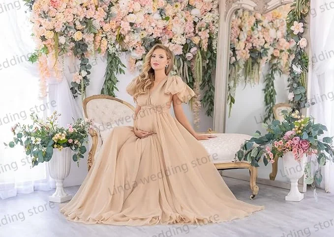 Chocolate Chiffon Maternity Dress for Photography Off Shoulder Pregnant Photoshoot Robe Photo Dresses Baby Shower