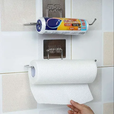 

Towel Holder Rack Self-adhesive Kitchen Under Cabinet Towel Cup Paper Hanger Rack Organizer Bathroom Towel Bar Shelf Roll Holder