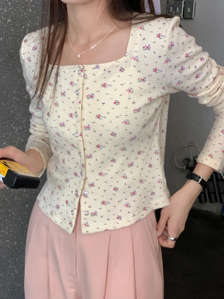 

Women's Sweet Floral Long Sleeve Sqaure Neck Slim Cardigan Lady Summer Autumn Cute Single Breasted Short Thin Cardigan