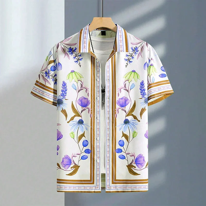 thumbnail image 1 of Camisa hawaiana con estampado retro de flores y empalmes para hombre, blusas de manga corta con botones y solapa, estilo hawaiano, para verano, 1 of 5