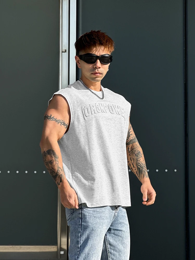 루즈핏 코튼 라운드넥 민소매 캐주얼 베스트 남성 피트니스 의류 통기성 땀 흡수 아메리칸 스타일 탱크탑