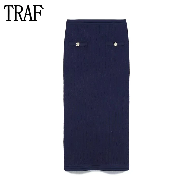 

TRAF 2024 Knit Long Skirt Woman Blue High Waist Midi Skirts for Women Golden Button Women's Skirts Winter Straight Skirt Women