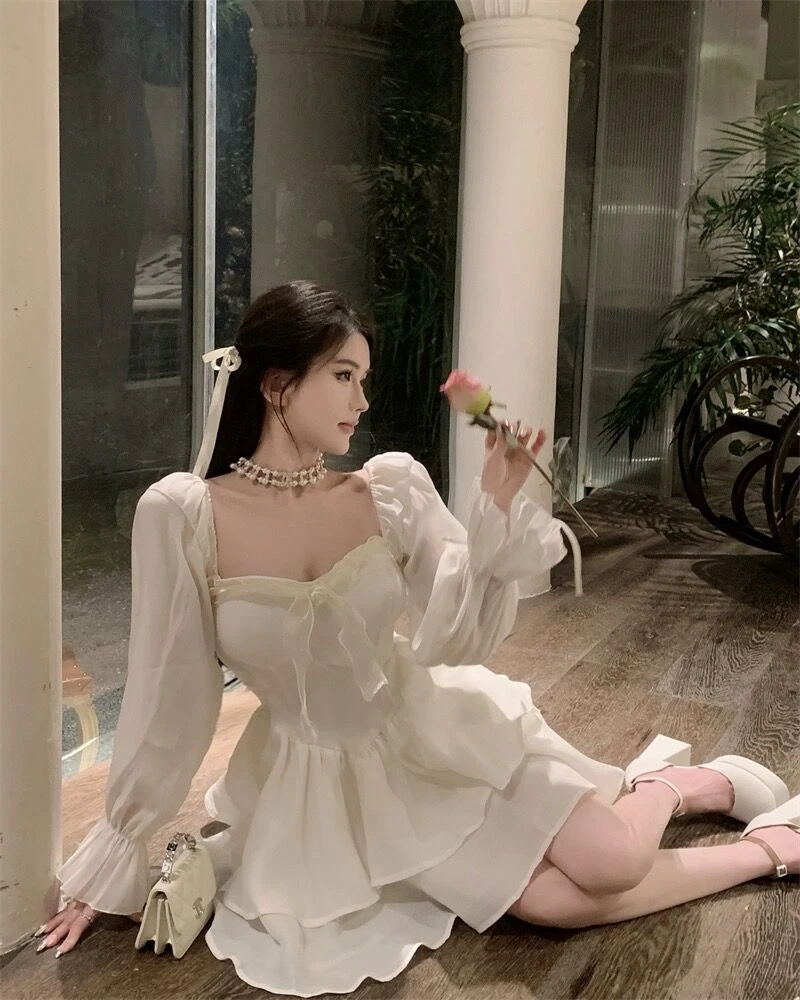 Elegant Princess Party Dress Flare Sleeves Layered Ruffles A-line Short Dresses for Women Korean Fashion One Piece Vestido Mujer