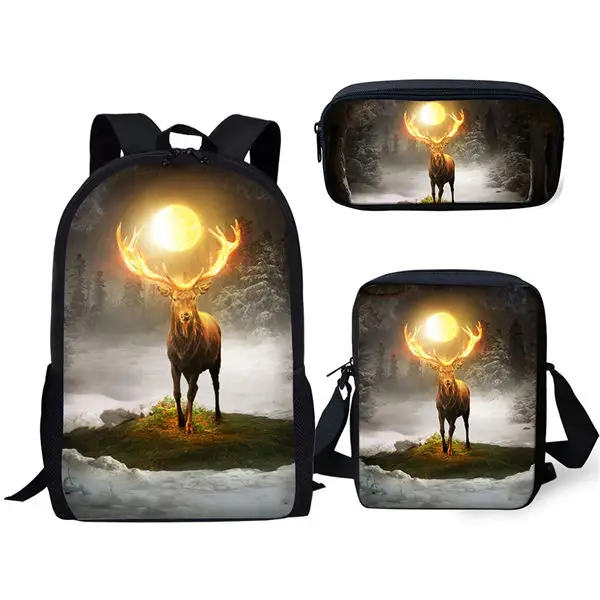 3Pcs Set Backpack Fantasy Animal Deer Pattern Print Student School Bag with Lunch Bag Pencil Bag Teenager Daily Casual Backpack