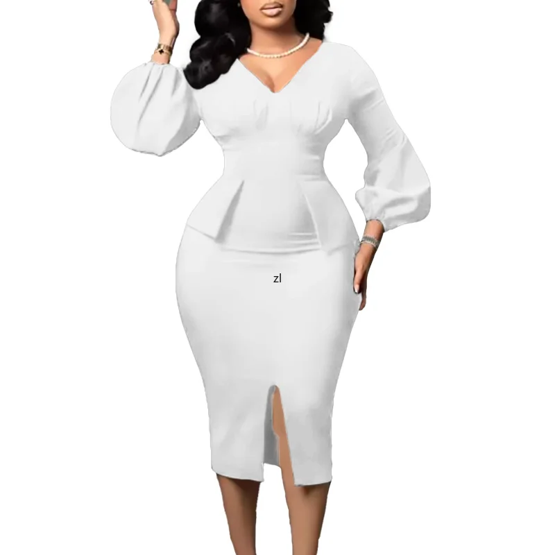 

Women Elegant Bodycon Dress Long Lantern Sleeves High Waist African Office Ladies Classy Gowns Modest 2023 New Treding Vestidos