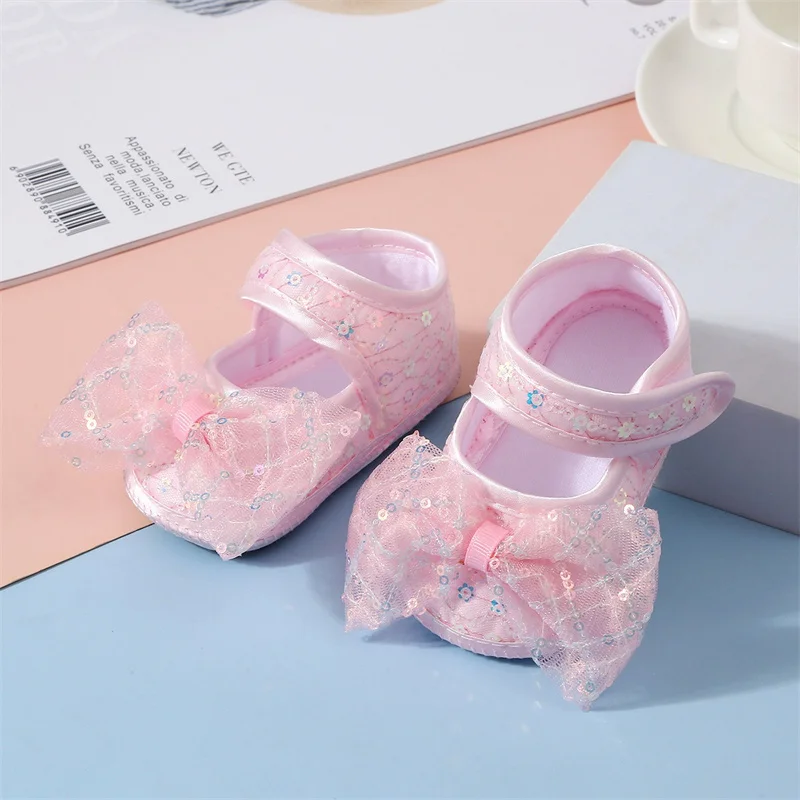 Girls Baby Spring Summer New Walking Shoes Soft Soles Thin Princess Infant Cotton Floor Shoes Sequins Bow Newborn First Walkers 2