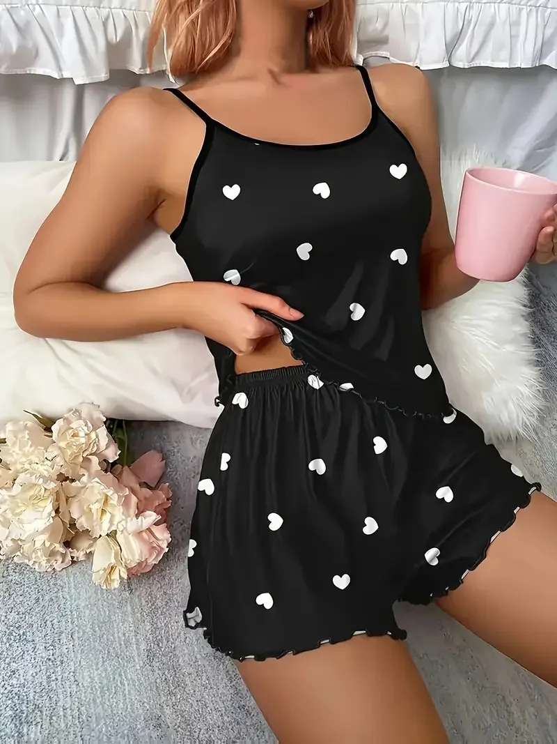 5 Size Choose S M L XL 2XLWomen's Two-Piece Suspender Heart Printed Top and Shorts Women's Casual Printed Pajama Set