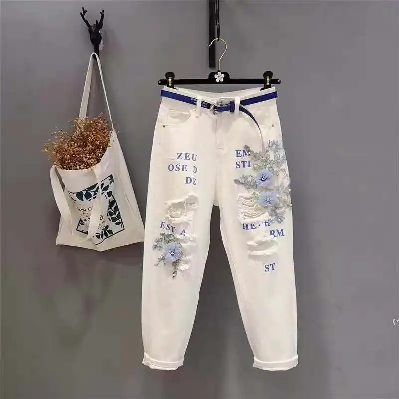 

Women's Spring and Summer New High Waist Button Lace Flower Broken Hole Denim Versatile Casual Solid Color Letter Harlan Pants