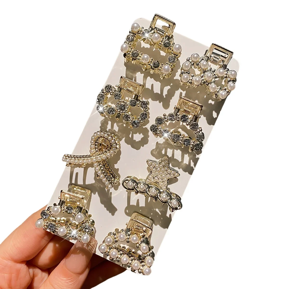 Conjunto de 8 molas de cabelo femininas com pérolas e diamantes_voghion.com
