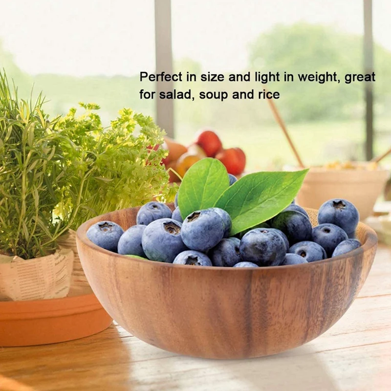 2Pcs Natural HandMade Wooden Salad Bowl Classic Large Round Salad Soup