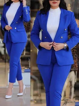2Pcs Women's Solid Color Suit + Trousers Two-Piece Set Slim Fit Business Fashion Double Breasted Formal Female Clothes Outfit 1
