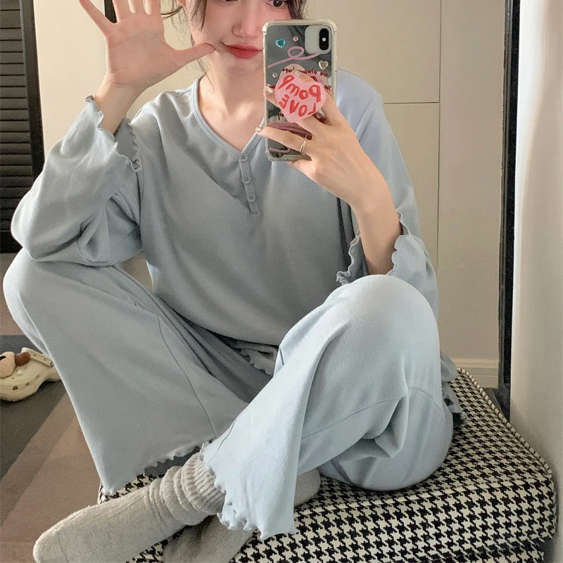 Spring Autumn Women's Pajama Set Solid Simple New Double-sided Velvet Warm Sleepwear Female Long Sleeves Pants Home Nightgown