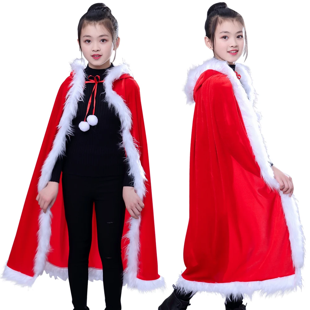 

Kids Christmas Santa Cape Child Cosplay Mantle Red Velvet Hooded Cloak Costumes Halloween carnival party