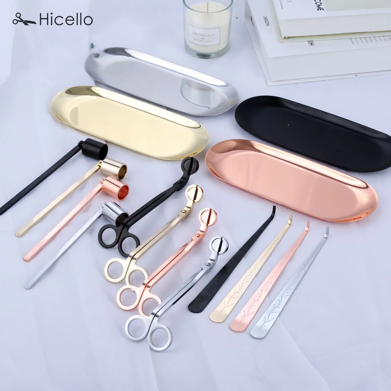 4pcs/set Candle Snuffer Trimmer Hook Tray Luxury Stainless Steel accessory Wick Holder Scissors Home Decoration Rose Gold Silver