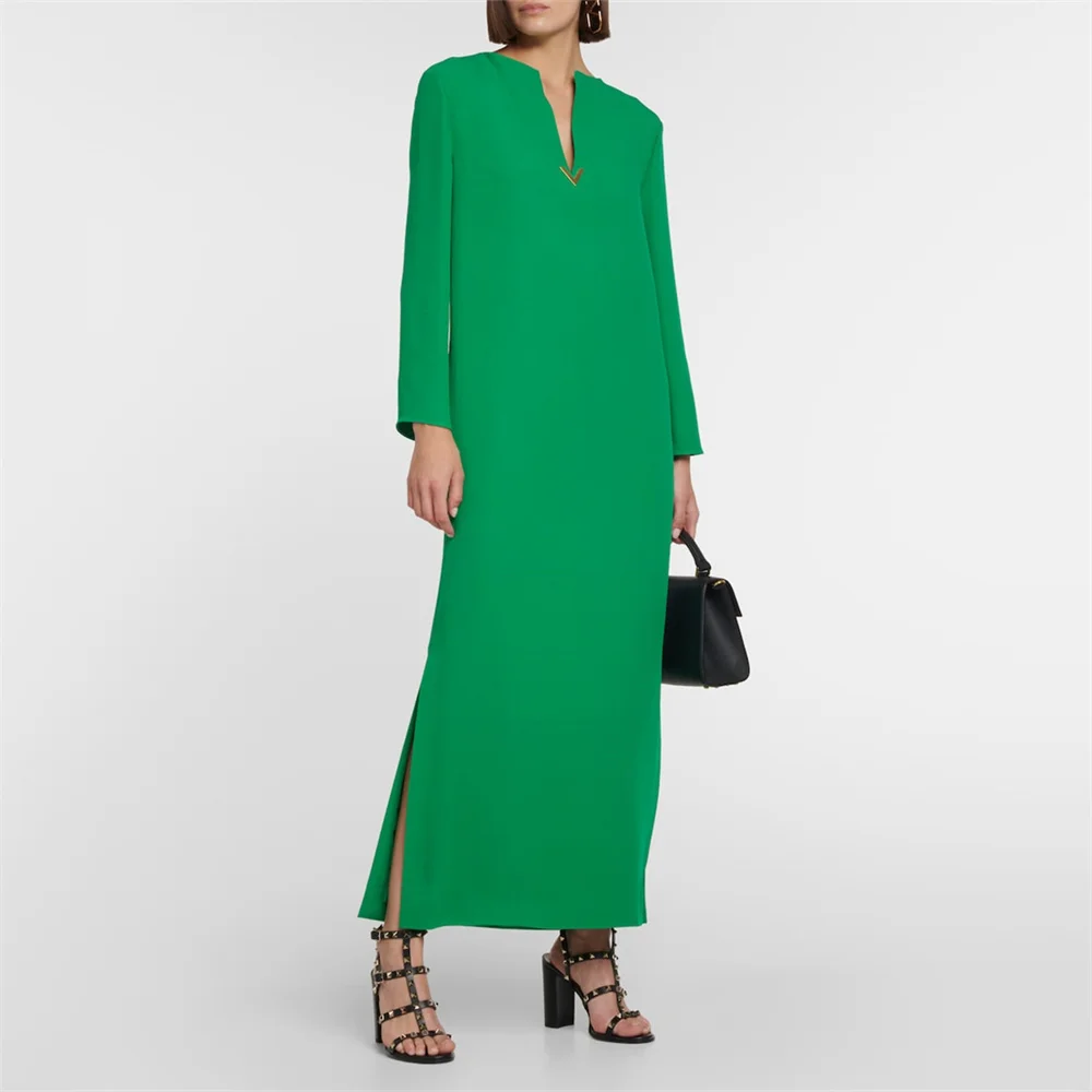 

MINGLAN New Simple Deep V Neck Full Sleeve A Line Formal Evening Dress For Woman High Side Slit Floor Length Prom Gown New