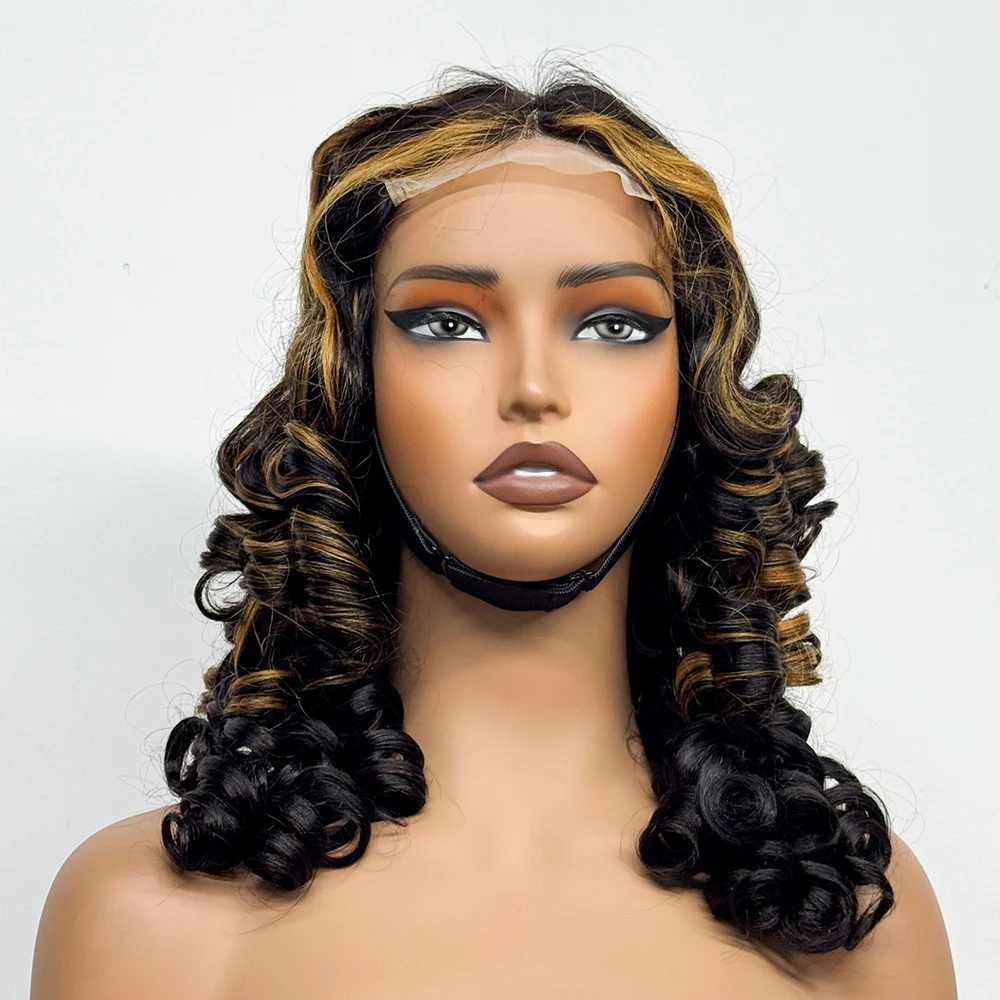 300% Density 4x4 Transparent Lace Closure Loose Bouncy Wave Wavy Curly Human Hair Wig for Black Women Highlight Color