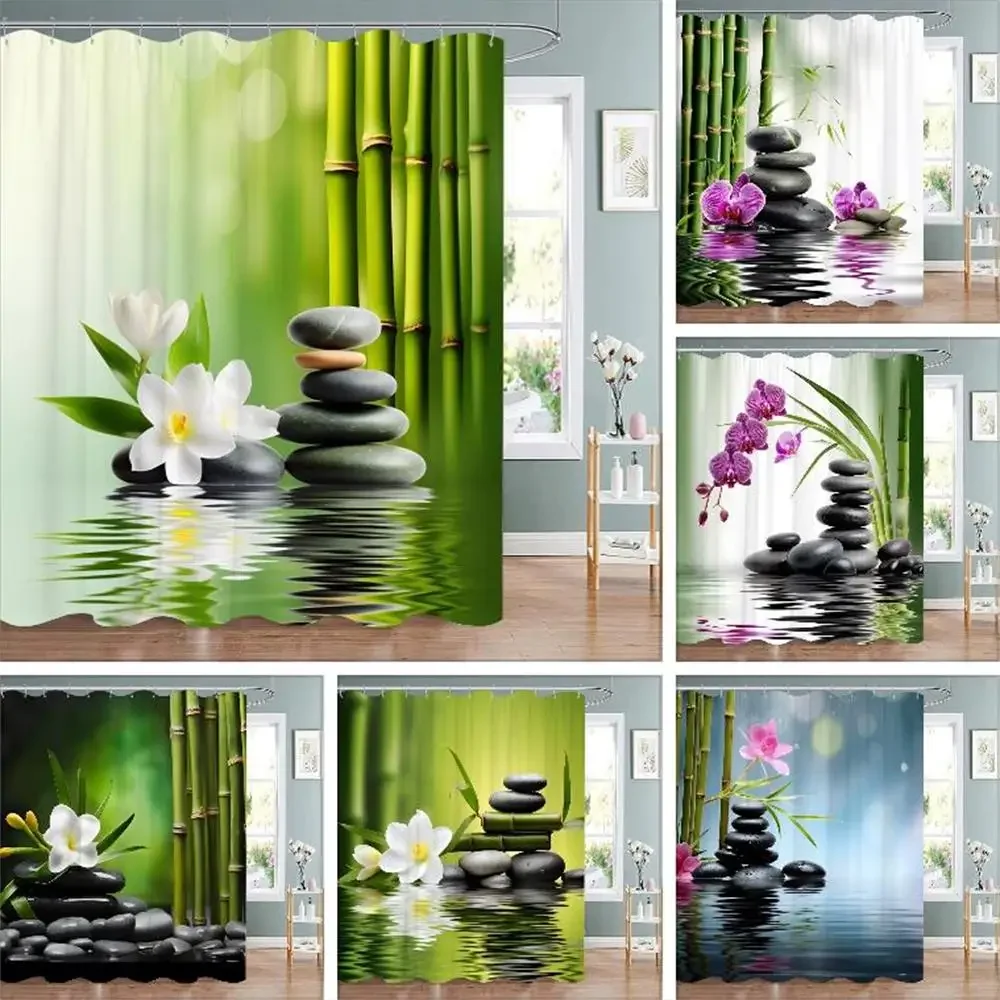 Green Bamboo Zen Shower Curtain Zen Stone Flower Flowers Meditation Zen Polyester Fabric Bath Curtains Bathroom Decor With Hooks