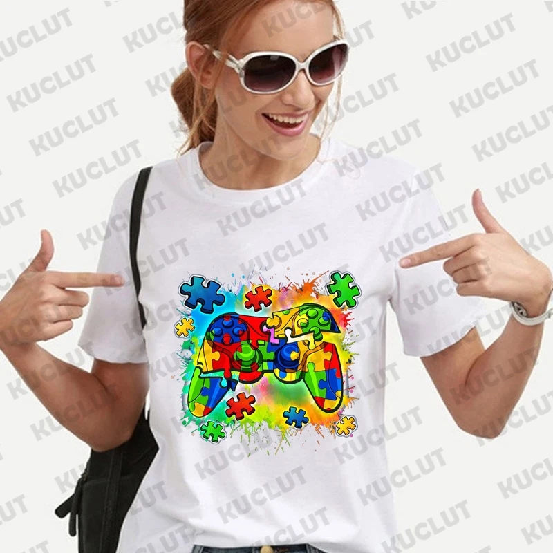 Autism Awareness Video Game Controller T-shirts for Women Autism Awareness Month Shirt Short Sleeve Women Tees Unisex Clothes