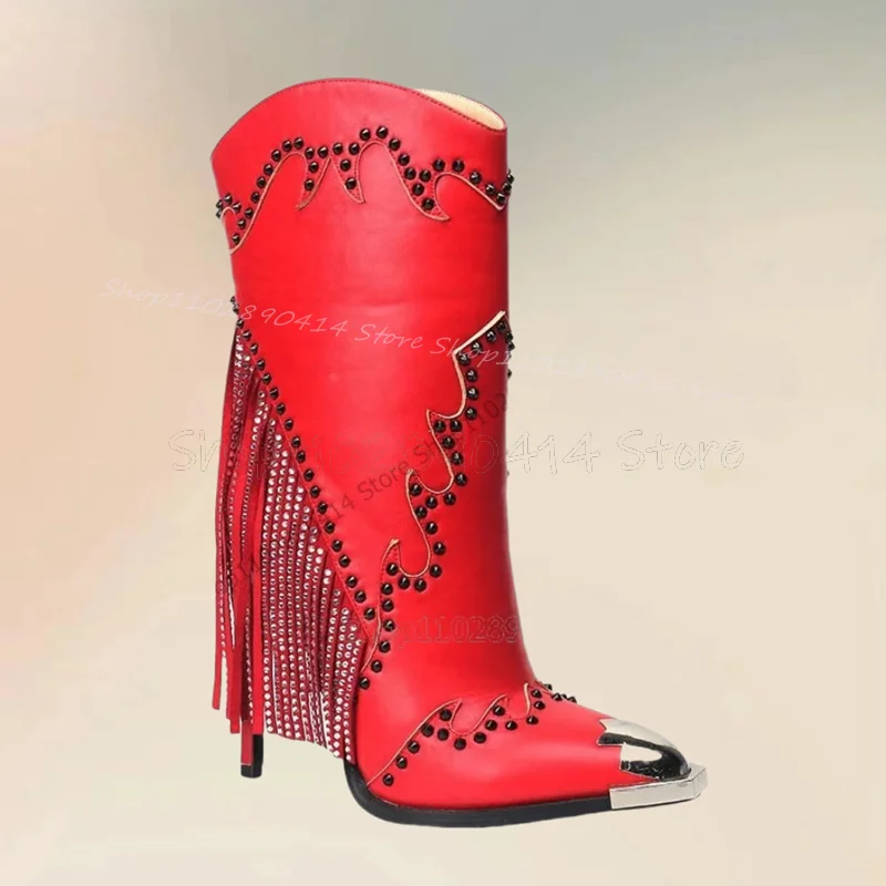 

Red Rivets Tassels Decor Totem Design Pointed Toe Boots Slip On Women Shoes Thin High Heels Novel Party 2024 Zapatos Para Mujere