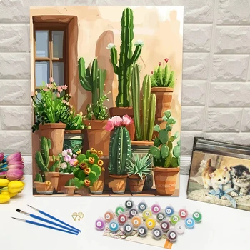 Kit Pittura a Olio Digitale Fai da Te: Cactus e Fiori da Dipingere con i Numeri per Adulti - Decorazione Murale su Tela