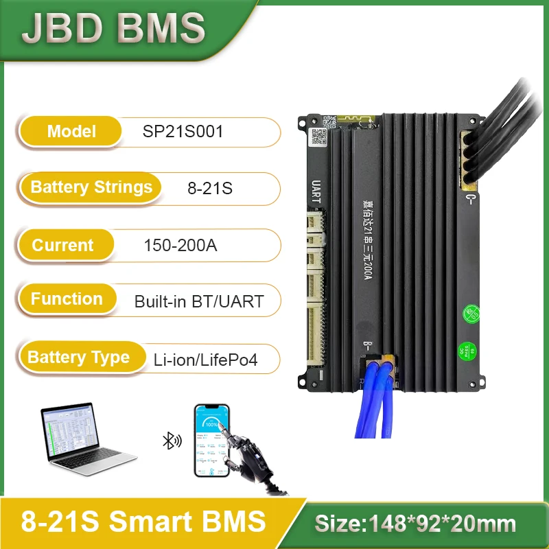 JBD 스마트 BMS 자동 식별 수동 밸런스 18650 리튬 배터리, 8S 14S 16S 20S 21S UART BT NTC 동일 포트, 150A 200A
