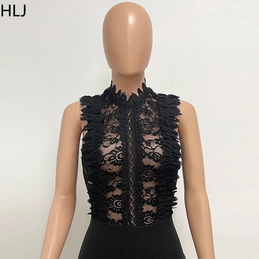 HLJ Elegant Lady Lace Perspective Ruched Straight Jumpsuits Women Round Neck Sleeveless Slim Rompers Fashion Party Club Overalls