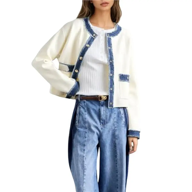 여성용 패치워크 데님 포켓 가디건 가을 겨울 아우터웨어 긴 소매 버튼 다운 두꺼운 니트 스웨터 코트
