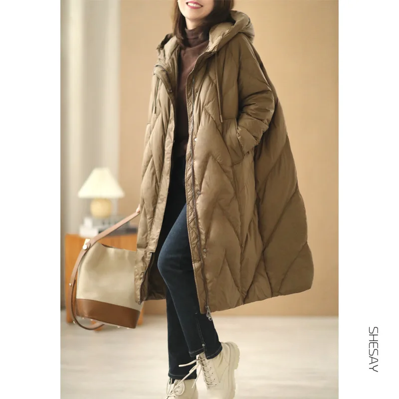 

Winter New Brand Design Feeling Over Knee Long Hooded Thick Casual Loose White Duck Down Down Coat for Women 90 Down