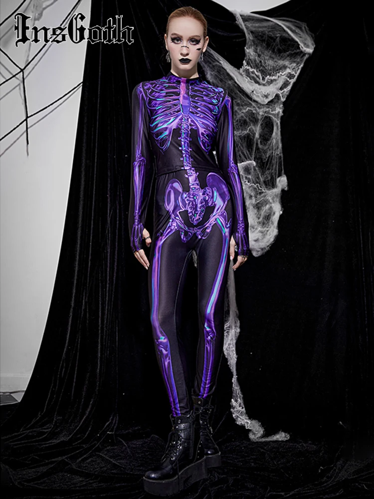 InsGoth Women 2 Piece Gothic Skull Outfits Harajuku Purple Sexy Exotic Print Top Pants Suit Grunge Winter Street Wear Sets harajuku american street dance personality punk waist chain gothic multilayer metal chain tassel sexy body chains jewelry belt