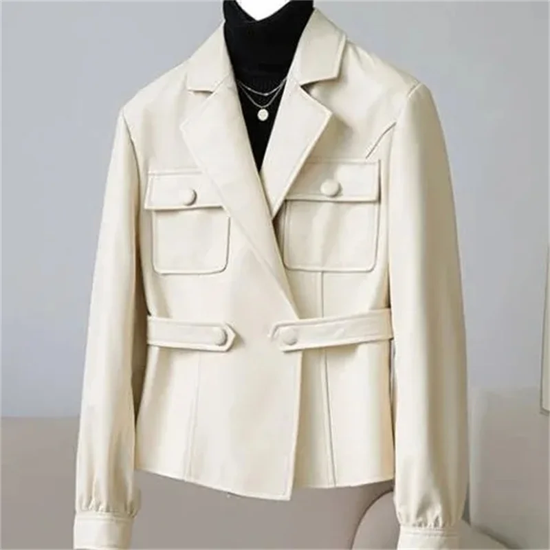 

Leather Suit Coat Women's Spring Autumn New Motorcycle Outerwear Design Feeling Waist Slim Fashion PU Leather Jacket Female 2023
