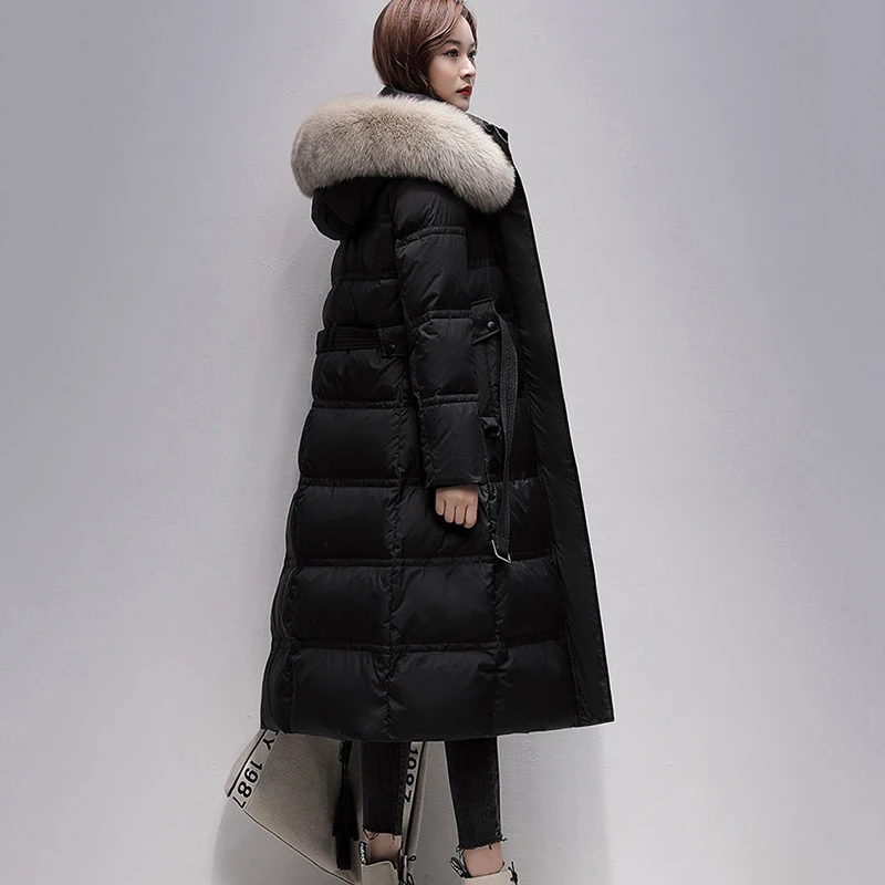 New High-Grade Women\'s Fox Fur Collar Down Jacket Winter Coat Cold 90% White Duck Down Outerwear Long Hooded Parker Overcoat