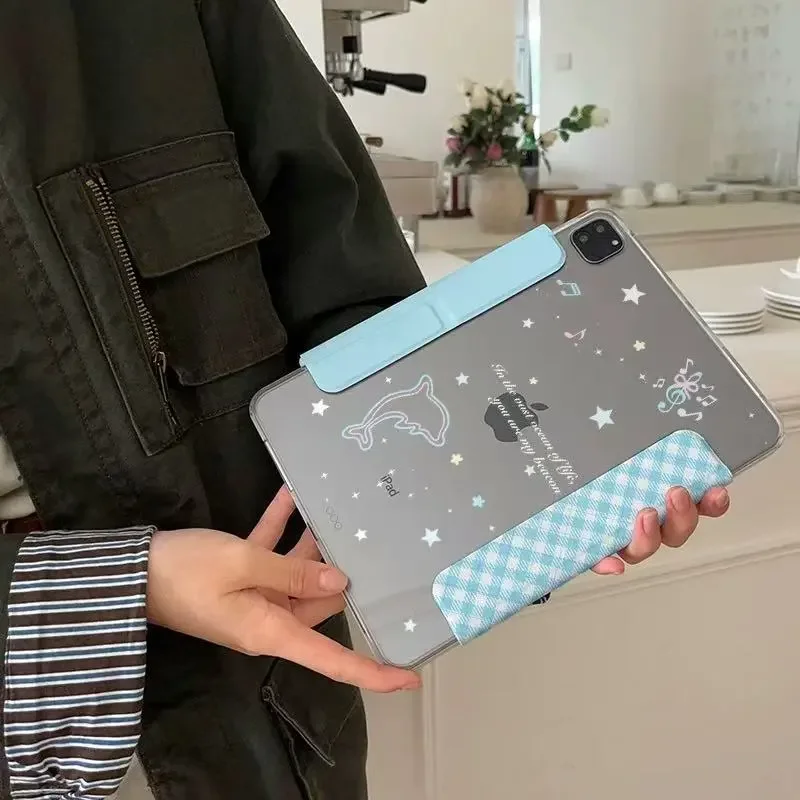 Fresh Blue Summer Cartoon Dolphin Colorful Lines Tablet Case with Buckle Edge Cover