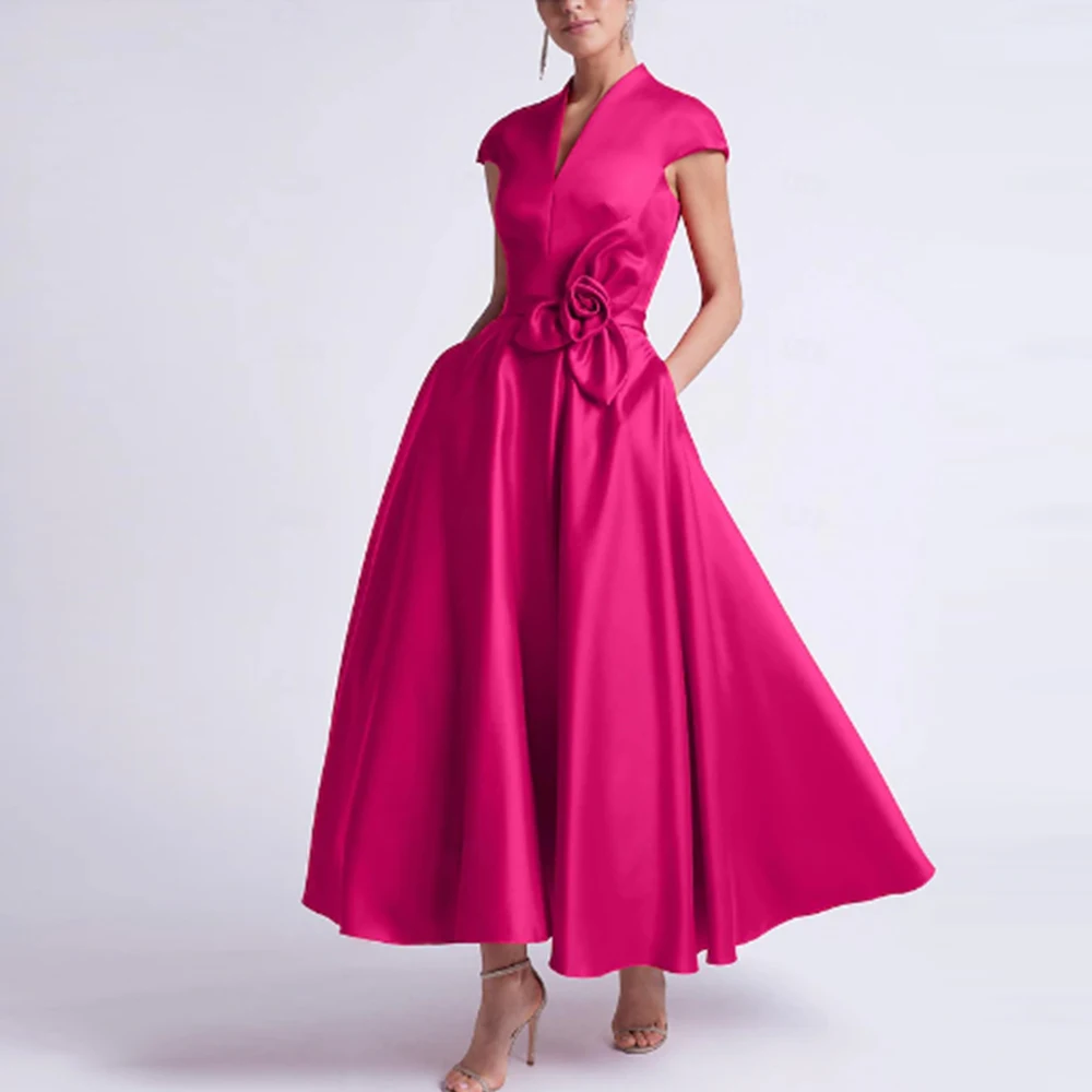 Elegant Women's Cocktail Party Gowns Pink Satin Handmade Flower Ruched A-line Poretrait Midi Dresses Bespoke Occasion Gowns
