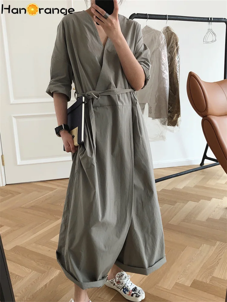 HanOrange 2024 Summer V-neck Jumpsuit Women High Waist Wide Leg Pants Straps Loose Thin Casual Trousers Female Black/Bean Green light blue baggy overalls jeans for women 2024 fashion clothing washed full length denim jumpsuit trousers wide leg pants female