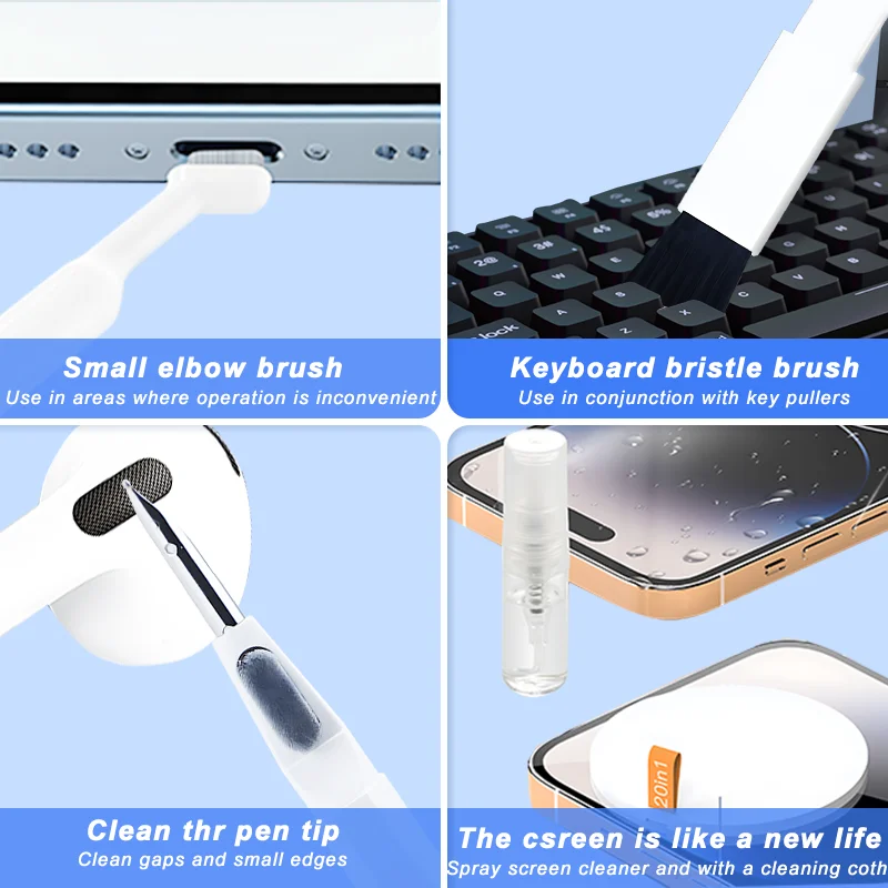 20-In-1 Cleaner Kit Oortelefoon Reinigingspen Scherm Reinigingstools Computer Toetsenbord Borstel Sleutelkap Trekker Multifunctionele Borstelset