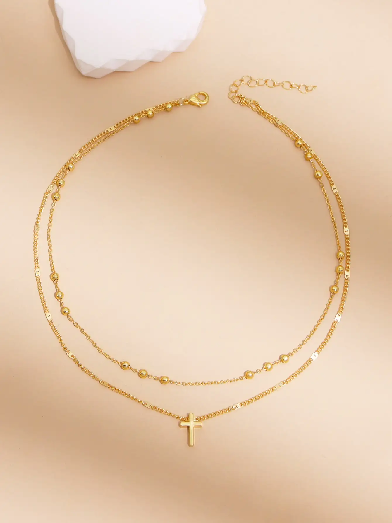 Vintage Cross Pendant Beads Chain Double Layer Necklace Ladies