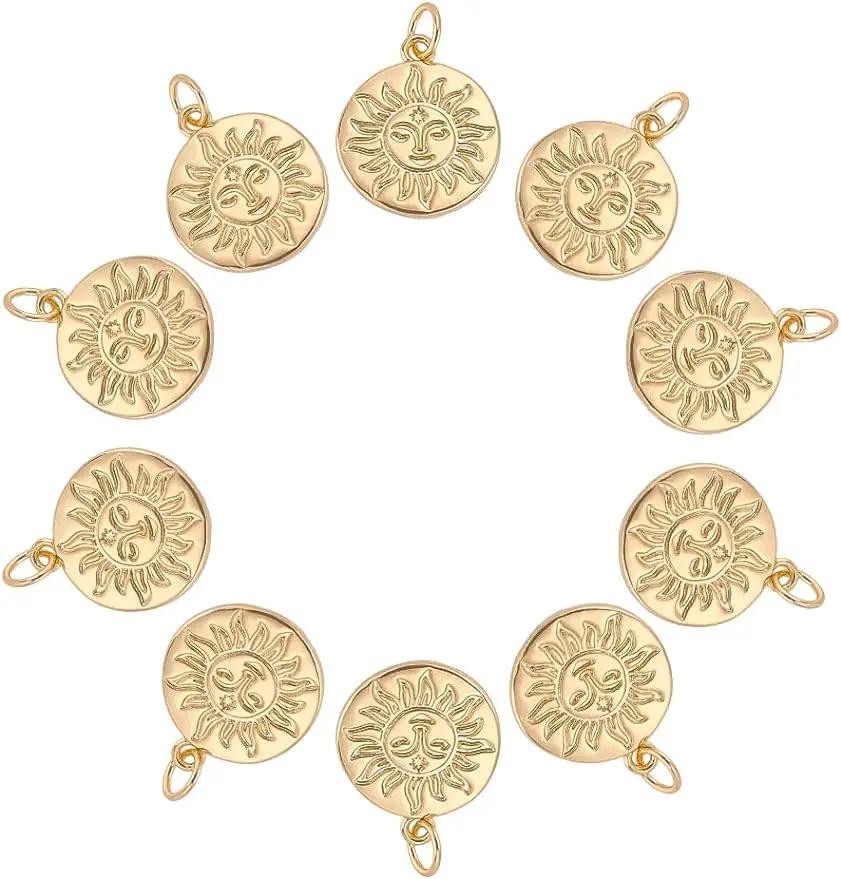 

10Pcs Sun Charm Pendant 18k Gold Plated Gold Brass Pendant with Jump Ring Sun Flat Round Shaped Charm Diy Craft