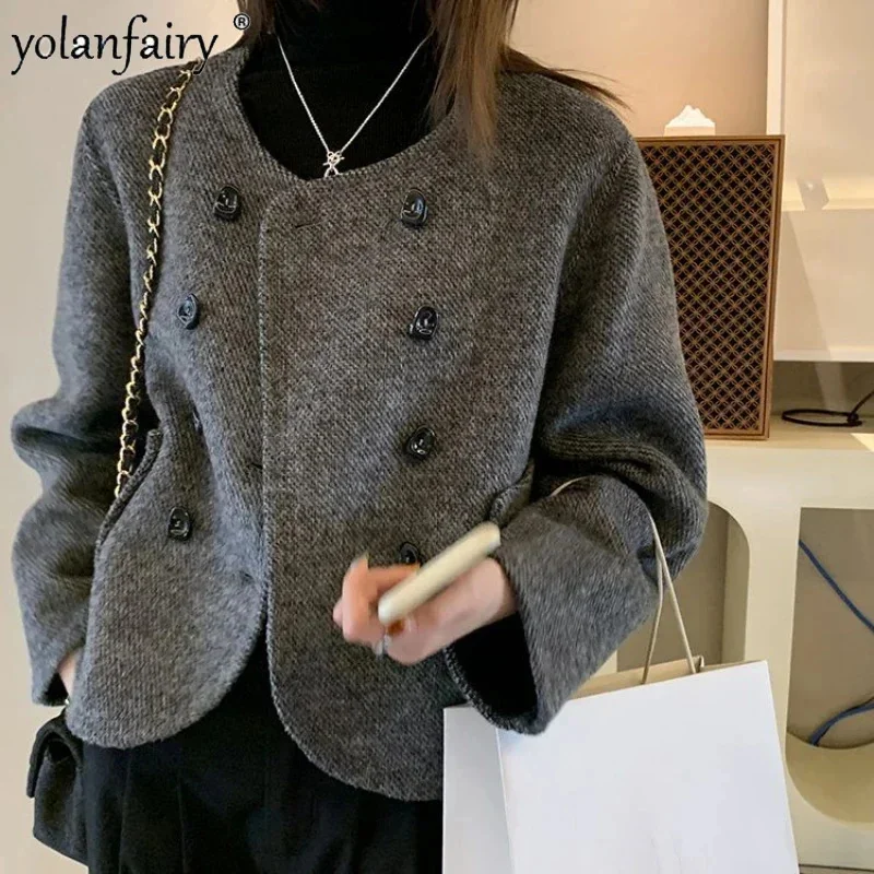 

Korean Double Sided Wool Coat Women's Jacket Short Round Neck Breasted Woolen Coats Women Fall Winter New Outwear FCY4943
