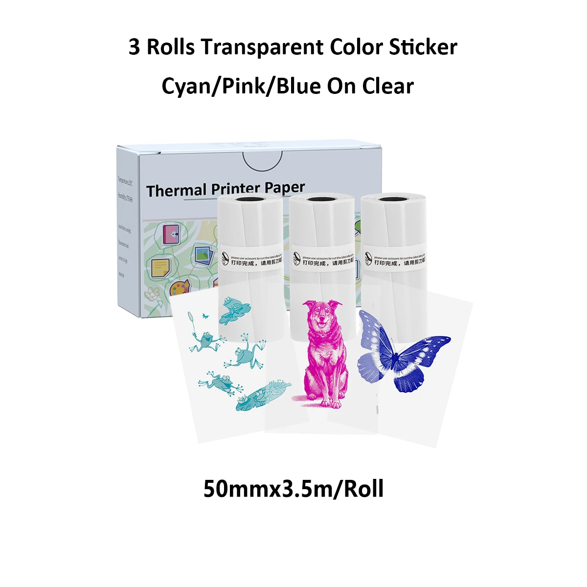 Transparent Colorful Thermal Sticker Paper Roll - Vibrant Text on Clear Background